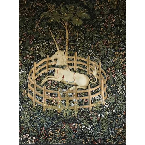 Unicorn Tapestry Unicorn in Captivity Tapestry Wall Hanging Woven Medieval Art Decor Licorne Captive Captured Fence Mille Fleur Black 53x40"