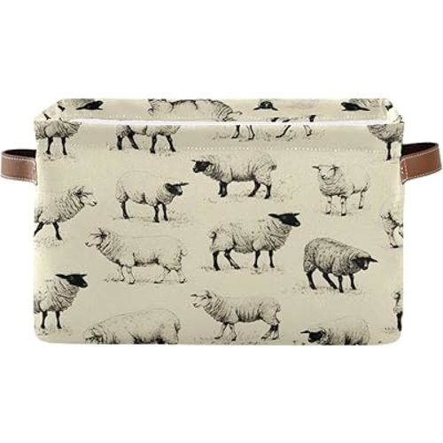 Kigai Cute Sheep Storage Basket with Handles Waterproof Collapsible Storage Bin Canvas Fabric Basket Decorative Box Closet Organizer for Nursery Bedroom Office