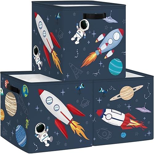 Clastyle Cosmic Space Kid Storage Cube Organizer Set Planets Stars Closet Clothes Cube Storage Bin Nursery Toddler Toy Box Chest Girl Boy Book Shelf Basket,Rocket,11.8x11.8x11.8 in