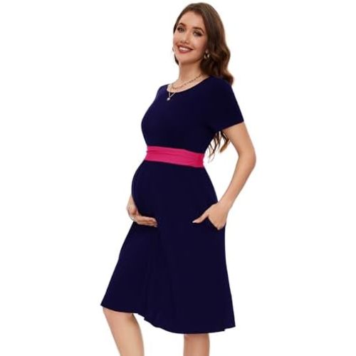 Smallshow Women's Maternity Dress Patchwork Short Sleeve Pregnancy Clothes
