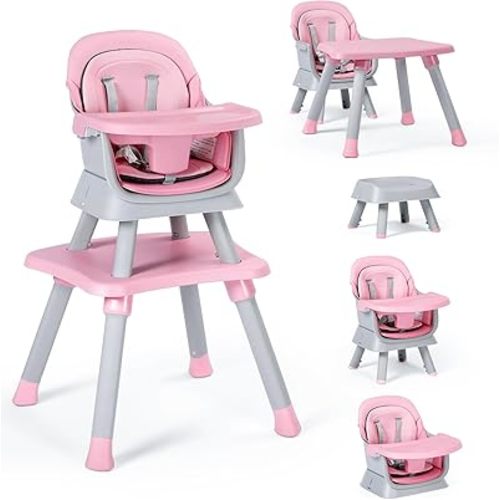 TODEFULL Baby High Chair, 8 in 1 Convertible Highchairs for Babies and Toddlers, Children Dining Booster Seat/Kids Building Block Table for Girls Boys, Baby Seat with Removable Tray, Pink
