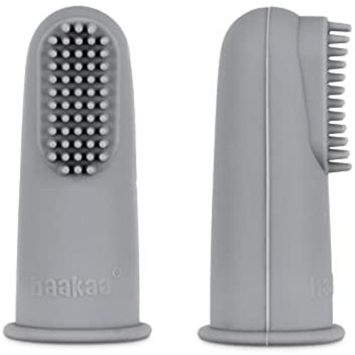 haakaa Silicone Baby Finger Toothbrush, Oral Care for Babies, Infants, Toddlers, Kids Teething, Soft Food Grade Silicone, 0 Months+, 2 Pack, SUVA Grey