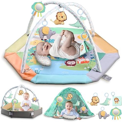 Baby Play Mat with Tent, Pillow, Activity Mat for Toddlers Early Development, Washable Gym Playmat for Infants, Christmas Birthday Toy Gifts for Babies, Infants, Newborns 0-3-6-9-12-18 Months
