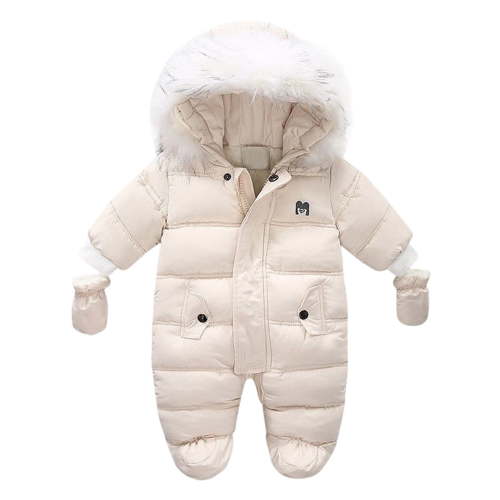 Caqnni Toddler Snowsuits for 0-24 Months Baby Boy Girl Romper Jacket Hooded Jumpsuit Warm Coat Outerwear Winter Snow Suits for Girls on Clearance + Gloves (6-9 Months,A02-Beige)