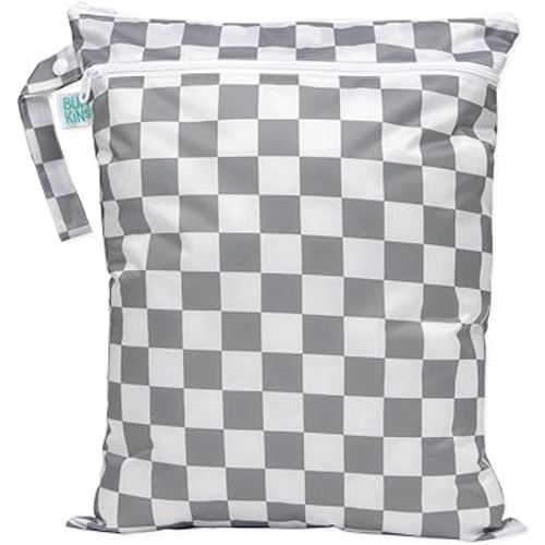 Bumkins Waterproof Wet Dry Bag for Baby, Travel, Swim Suit, Cloth Diapers, Pump Parts, Pool, Beach, Gym Clothes, Toiletry, Hook to Stroller, Daycare, Zipper Reusable Wetdry Packing Pouch, Gray Check
