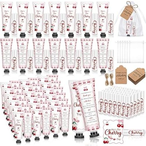 50 Sets 200 Pcs Cherry Baby Shower Gifts Bulk Hand Lotion and Lip Balm Party Favors Theme Baby Shower Travel Size Hand Lotion and Lip Balm with Organza Bags Tags