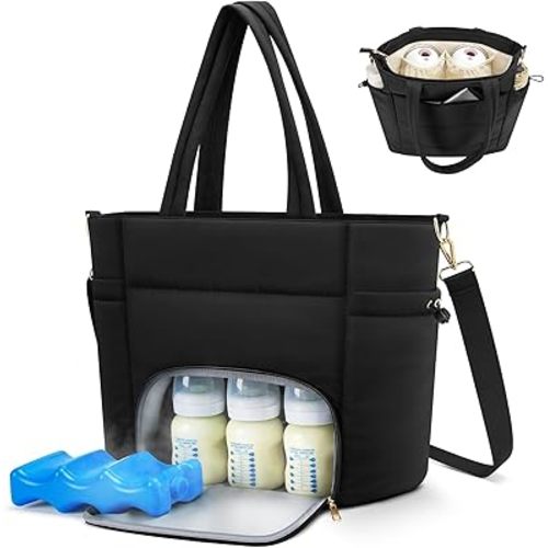 Wearable Breast Pump Bag for Working Mom, Breastmilk Cooler Tote Bag with Insulated Compartment, Breast Pump Bag with Ice Pack & 16‘’ Laptop Sleeve, Baby Bottle Cooler bag for Nursing, Work, Travel