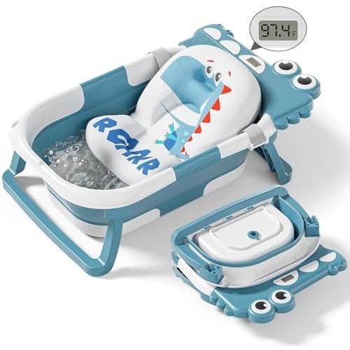 Collapsible Baby Bathtub for Newborn, Foldable Baby Bath Tub with Thermometer & Soft Floating Cushion & Drain Hole, Portable Travel Infant Bath Tubs for Newborns to Toddler 0-36 Months Girl, Blue