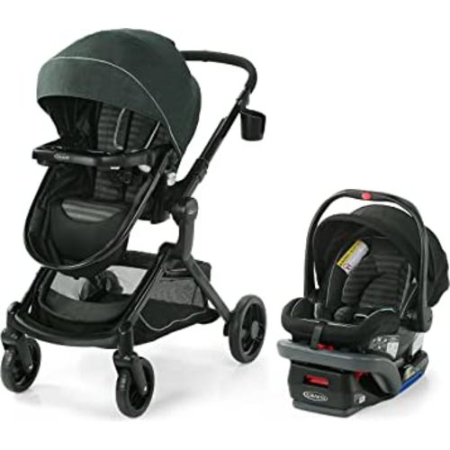 Graco Modes Nest DLX Travel System, 3-in1 Modular Baby Carseat Stroller Combo, Adjustable Slide2Me Infant Car Seat Carrier, Pramette, to Toddler Stroller, Includes SnugRide DLX Infant Car Seat, Raven