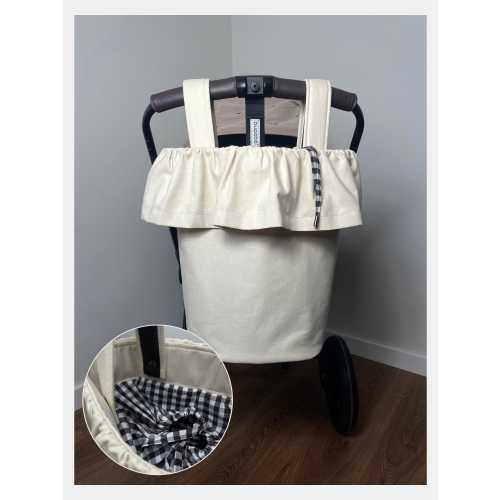 Beige Stroller Bag with Brown Check Lining | Ruffle Stroller Basket | Handmade Pram Organizer