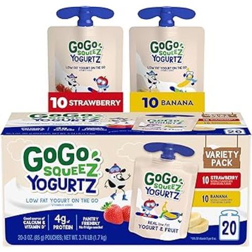 GoGo squeeZ yogurtZ Variety Pack, Strawberry & Banana, 3 oz (Pack of 20), Kids Snacks Made from Real Yogurt and Fruit, No Fridge Needed, Gluten Free, Nut Free, Recloseable Cap, BPA Free Pouches