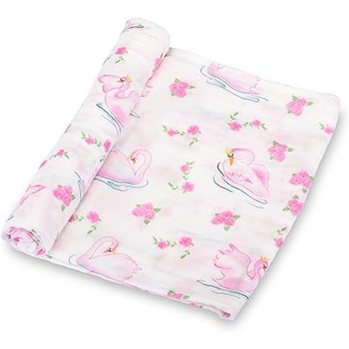 LollyBanks Muslin Swaddle Blanket, 100% Cotton Breathable Baby Blanket for Girls, Soft and Lightweight 47 x 47 Inches Newborn Receiving Blankets, Gentle Baby Wrap, Newborn Essentials (Swan Print)