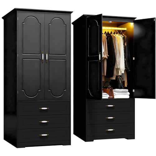 FJTJBSI 72" Wooden Armoire Wardrobe Closet with LED Bedroom Armoire with 3 Drawers and Retro Ceramic Handles Modern Wardrobe Cabinet with Removable Hanging Rod Black