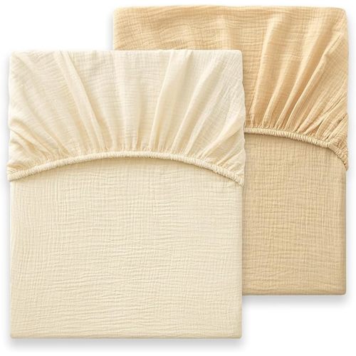 Heavyweight Muslin Baby Crib Sheets - 2PCS 52"x28" Neutral Fitted Crib Sheets for Boys Girls, Breathable Soft 100% Organic Cotton Standard Baby Mattress Sheet (Cream, Coffee)