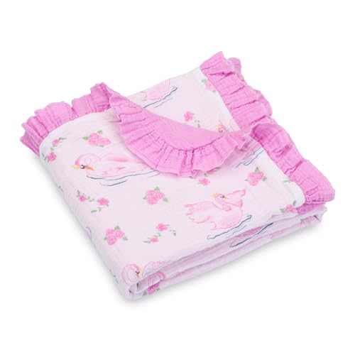LollyBanks Muslin Baby Blanket, 100% Organic Cotton Ruffle Baby Blanket | 40 x 36 in, Soft, Breathable and Lightweight Ruffle-Edge Newborn Blanket for Stroller Rides & Cuddles (Pink Swan)