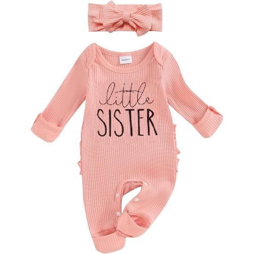 FIOMVA Im New Here Newborn Outfit Girl Long Sleeve Letter Romper Ribbed Knit Jumpsuit Baby Girl Preemie Coming Home Outfit