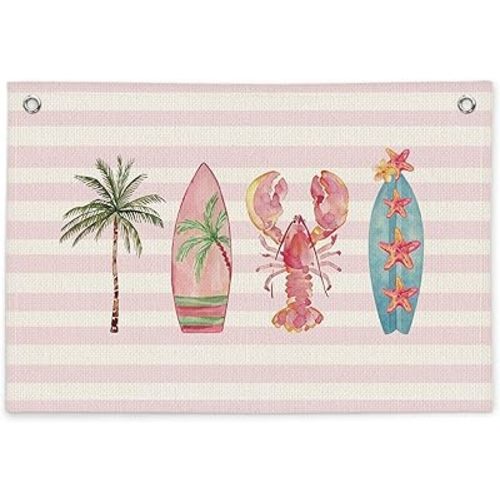 Pink Coastal Beach Room Decor Canvas Wall Hanging Banner, Surfer Girl Preppy Aesthetic Coastal Surfboard Lobster Nursery Wall Banner Flag for Teen Girls Room Bedroom Decor, 20x30 Inch