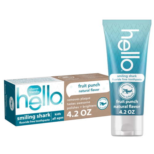 hello Smiling Shark Fluoride Free Kids Toothpaste, Natural Fruit Punch, 4.2 Oz Tube
