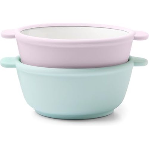 Ello Clean Start Toddler Bowls 2 Pack | Ceramic Kids/Baby Bowls with Silicone Sleeves | BPA-Free, Plastic-Free | Microwave & Dishwasher Safe | High Chair Friendly, Stackable | Dewdrop/Sugarplum