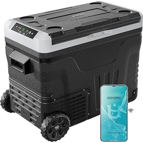 EUHOMY 12 Volt Refrigerator, 47QT(45L) Dual Zone Electric Cooler, Portable Freezer 12V/24V DC 110-240V AC, 12V Fridge -4℉~68℉, 12V Cooler with Wheels & Basket for Travel, Truck, Camping, Boat