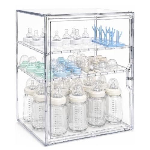 buywoo Baby Bottle Storage Organizer for Countertop & Cabinet, 3-Tier Clear Acrylic Bottles Storage Container Station with 2 Adjustable Dividers & Magnetic Door, Baby Essentials for Newborn Registry