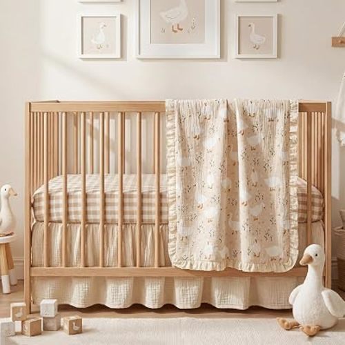 Breling Goose Crib Bedding Set of 3, Baby Nursery Sheet Quilt Bed Skirt, Coquette 100% Cotton Muslin Fitted Bed Sets for Newborn Nursery, Standard 52'' x 28''
