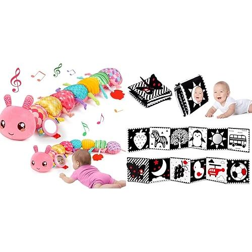 Thremhoo Baby Toys 0-6 Month Music Animal Stuffed Caterpillar ＆ Black and White Book