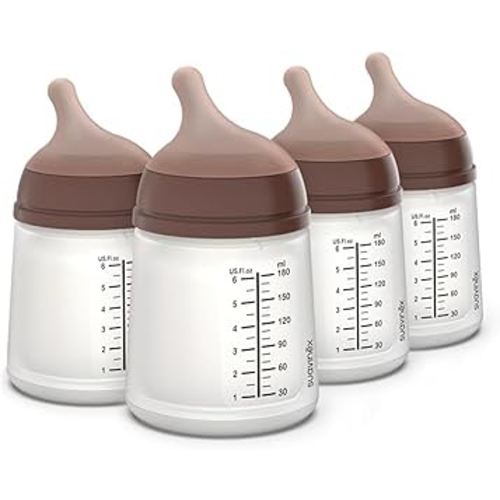 Suavinex Zero Zero Anti Colic Baby Bottle, No 1 Spanish Baby Bottle Brand, Minimizes Bottle Rejection & Nipple Confusion, Perfect for Breastfeeding Babies, 4 PK 6 oz, Deep Tone, Adaptable Flow