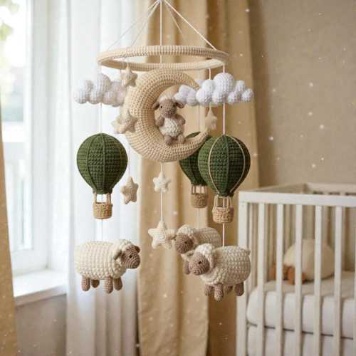 Crochet Sheep Moon Mobile, Green Hot Air Balloon Nursery Hanging Decor