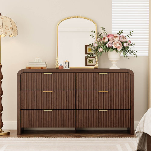 Ebern Designs Avalie 55" Boho Curved Fluted 6 Drawer Bedrroom Dresser, Wood Dresser With Gold Metal Handles & Reviews | Wayfair