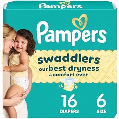 Pampers Swaddlers Diapers, Size 6 (23-44 lbs), 16 Count, Absorbent, Keeps Baby Dry and Comfortable, Skin Safe Disposable Baby Diaper (Packaging May Vary)