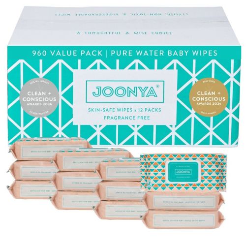 Joonya Baby Wipes - Non-Toxic, Dermatologically Tested, Compostable, Fragrance Free - Bulk 12 Packs of 80 (960)