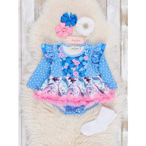 Blue & Pink Dinosaur Blooms Ruffle Bubble