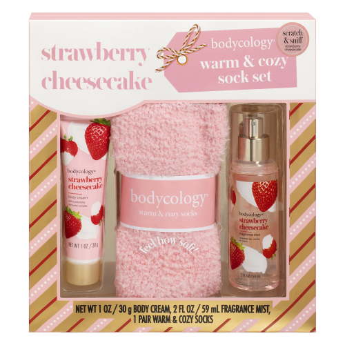 Bodycology Strawberry Cheesecake Body Care & Cozy Sock Gift Set, 3 Piece