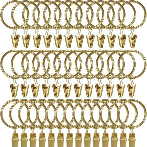 40 Pack Gold Curtain Rings with Clips, Curtain Hooks Hangers Clip Rings for Hanging Drapes Bows Hat, Drapery Rings 1.5 in I D, Fits up to 1.2 in Diameter Curtain Rod.