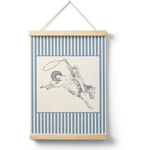 AQYIP Blue Western Cowboy Wall Art Decor, Western Room Decor, Trendy Blue Striped Vintage Country Rodeo Horse Poster Canvas Prints for Home Bedroom Living Room Wall Decoration, 12x16 Inch