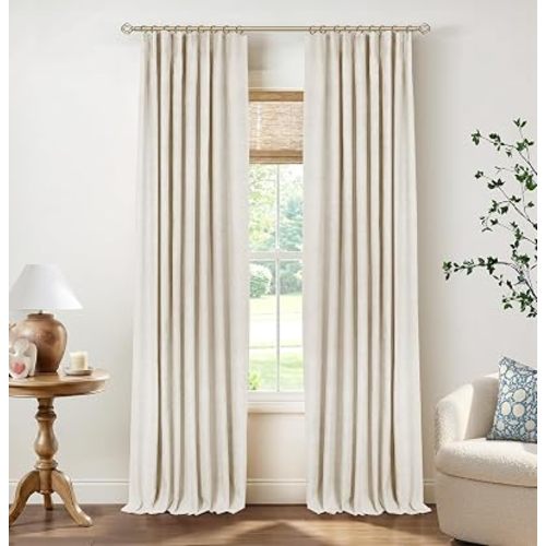 INOVADAY 100% Blackout Curtains for Bedroom, Cream Black Out Curtains 63 Inch Long, Clip Rings Linen Blackout Drapes, Thermal Insulated Room Darkening for Living Room, 2 Panels - W50xL63