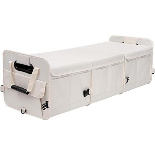 Car Trunk Organizer with Lid Storage Collapsible Multi Compartment Adjustable Straps for SUV, Truck, Sedan(Beige) XL