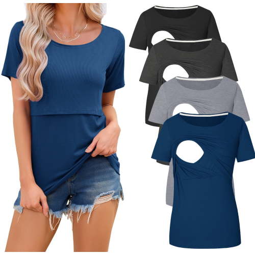 Maternity Nursing Tops Clothes for Women Ribbed Breastfeeding Shirts Clothes 4-Pack