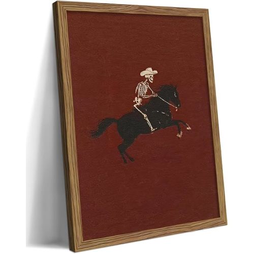 Framed Western Cowboy Wall Art, Gothic Skull Horse Riding Canvas Wall Decor Painting, Vintage Southwestern Cowboy Posters Prints Pictures for Living Room Bedroom 12x16 Inch