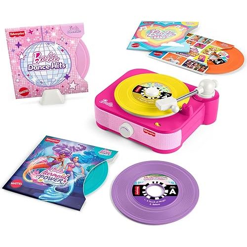 Fisher-Price Musical Toy Barbie Record Player with 5 Records & Display Rack for Preschool Pretend Play Kids Ages 3+ Years