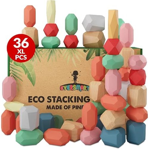 36 Pcs Wooden Stacking Blocks – Montessori Toys for 1 2 3 4 5 6 Year Old Toddlers and Kids, XL Rocks, No Choking Hazard – Sensory STEM Building Stones, for Girls and Boys