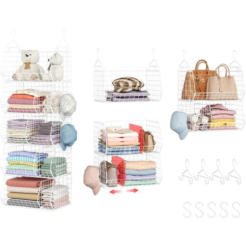5 Tier Closet Hanging Shelves with Divider,2 Pair Hook,Extra Large Closets Organizers and Storage,Clothes Organizer Clothing Sweaters Shoes Handbags Clutches Accessories-White