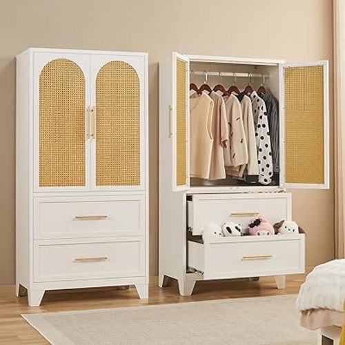 65" Armoire Wardrobe Closet with 2 Drawers, Rattan Bedroom Armoire with 2 Doors, Metal Clothing Storage Cabinet with Hanging Rod, Large Tall White Wardrobe Cloth Closet