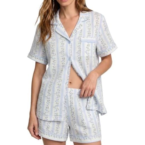 SWOMOG 100% Cotton Pajamas for Women Cute Floral 2 Piece Button Down Sleepwear Set with Shorts