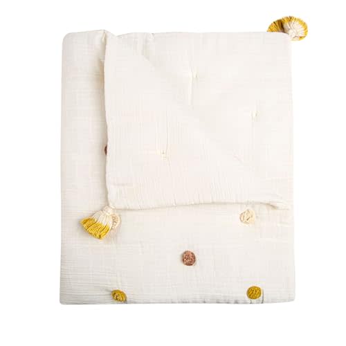 Crane Baby Blanket, 36” x 36”, Soft Cotton Pom Pom Nursery Blanket for Boys and Girls, Cream