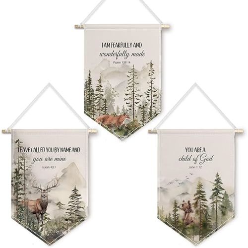 ChissNook Christian Woodland Nursery Canvas Banner Set of 3, Woodland Forest Wild Animals Nursery Hanging Pennant Banner Flags Wall Display, Bible Verse Wall Decor for Kids Boys Room Bedroom Playroom
