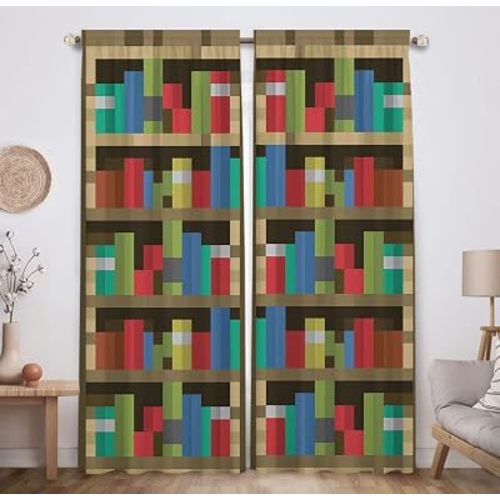 Allenjoy Pixelated Bookshelf Children Window Curtains for Boy Girl Baby Kids Room Bedroom Nursery Toddler Home Office Decor Decorations Durable Fabric Machine Washable 82 in x 84 in