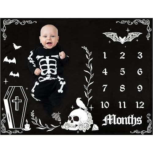 Baby Monthly Milestone Blanket Gothic Baby Month Blanket Goth Nursery Decor for Boys Girls Monthly Year Bat Photo Fleece Prop Stuff Background Blanket 50 X 40 In Halloween Baby Shower Decorations