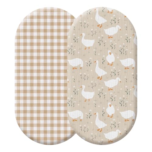 Breling 2 Pcs Muslin Silly Goose Khaki Gingham Bassinet Sheets,32'' X 16'' | for Baby Girl Boy Cradle Bed Cover, Soft Breathable 100% Cotton, Oval Hourglass Infant Nursery Toddler Room Decor, Washable
